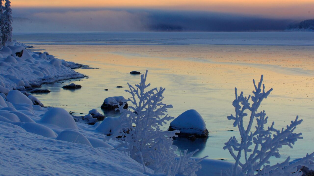 Naturbild med vårvinter och snö och sjö vid strand